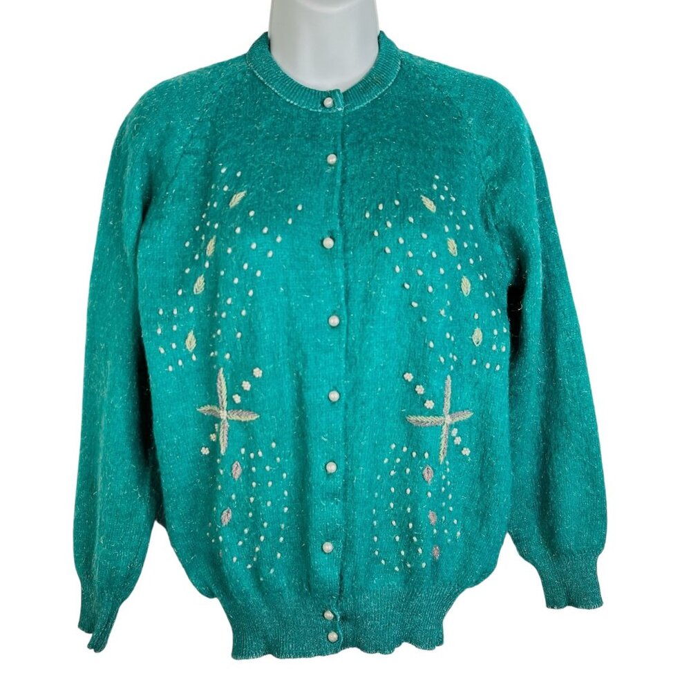 Vintage 1950s Angora Wool Collection For NDM Beaded Cardigan Sweater Teal  XS/S